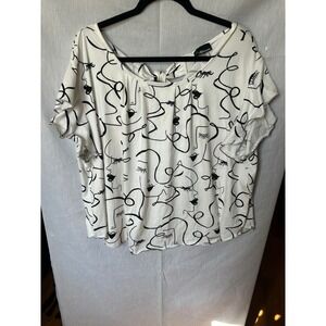 NY Invasion Women 3X White Black Line Art Face Print Tie Back Blouse Top